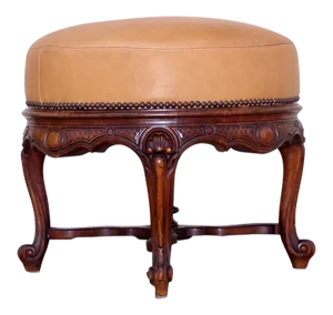 Round Ottoman with Carved Legs and Leather Upholstered Seat