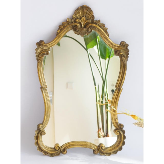 Baroque Hollywood Regency Rococo Baroque French Gold Gilt Scalloped Mirror with Floral Design, 1960s For Sale - Image 3 of 10