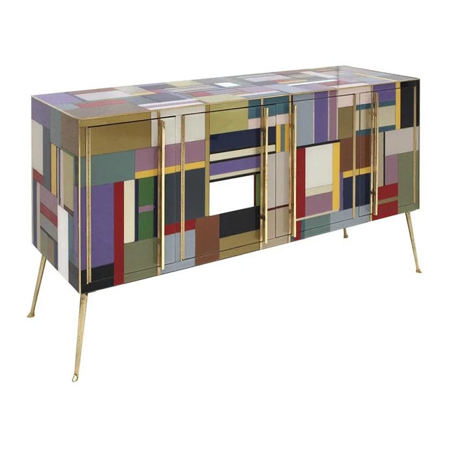 Mid-Century Italian Solid Wood and Colored Glass Sideboard For Sale - Image 4 of 8
