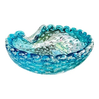 Vintage Mid-Century Italian Murano Blue and Silver Art Glass Bowl With Scalloped Rim For Sale