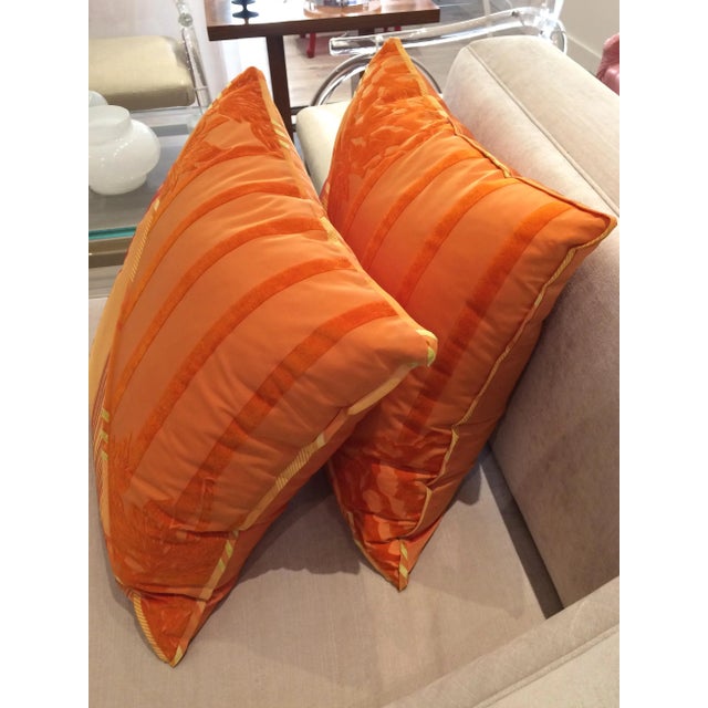 Textile DWM | MALOOS Dia Orange Flocked Pillows - A Pair For Sale - Image 7 of 10