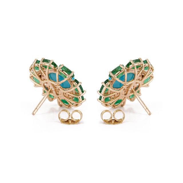 Retro 6.53ct Turquoise Emerald & Diamond Floral Stud Earrings in 14k Gold- 2 Pieces For Sale - Image 9 of 16