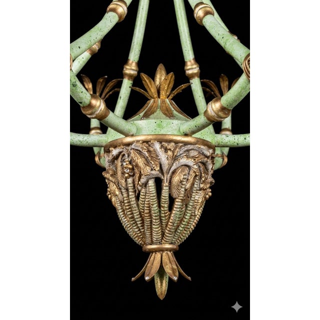 Vintage Bespoke “The Philippe” a Palm Beach mRegency Parcel Hand Gilt Tole Faux Bamboo Six Arm Chandelier - Newly Painted For Sale - Image 10 of 13