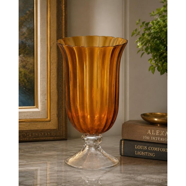 Contemporary Vintage Amber Scalloped Art Glass Vase on Clear Pedestal Foot | 13” Decorative Glass Vessel For Sale - Image 3 of 3