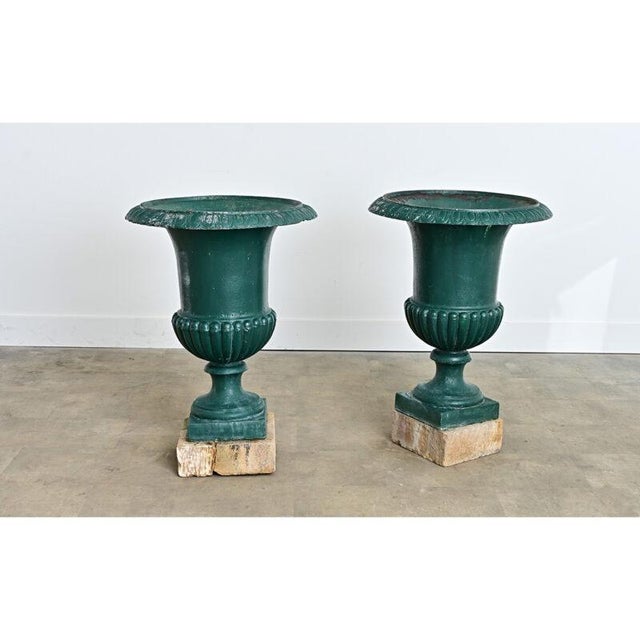 French 19th Century Pair of Cast Iron Urns on Stone Bases For Sale In Baton Rouge - Image 6 of 7