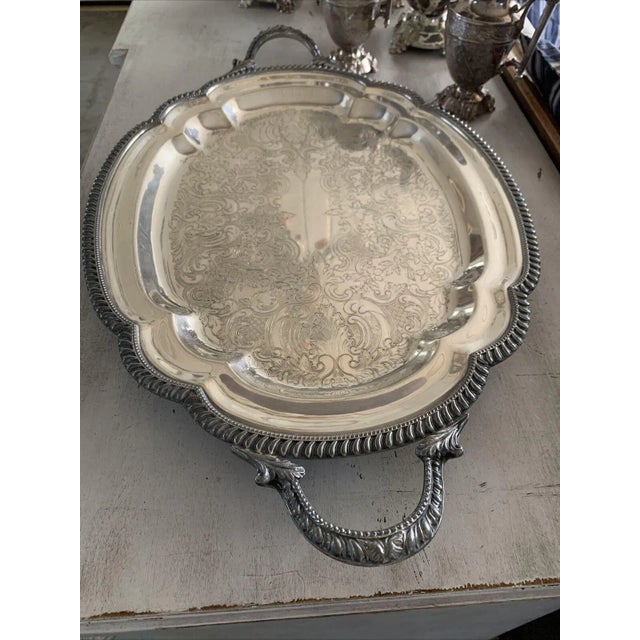 Antique Silver on Copper Scalloped Oval Serving Tray For Sale - Image 10 of 13