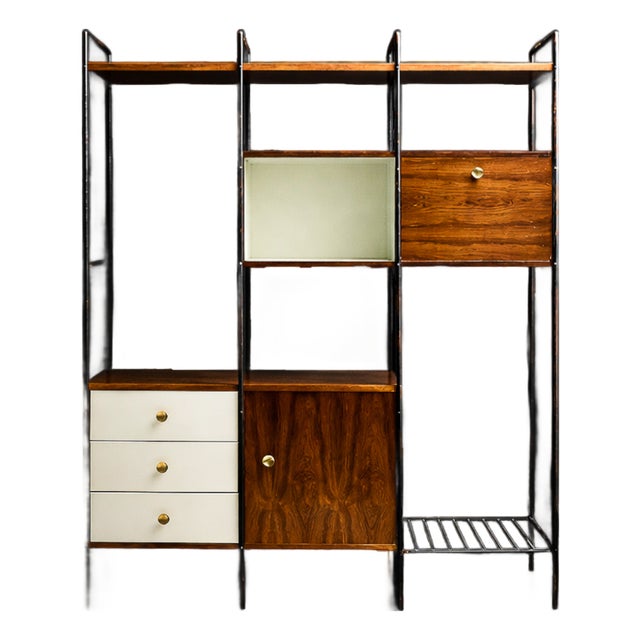 “Mf 710” Modular Bookshelf in Rosewood & Metal, Geraldo De Barros for Unilabor, Brazil, C. 1955 For Sale