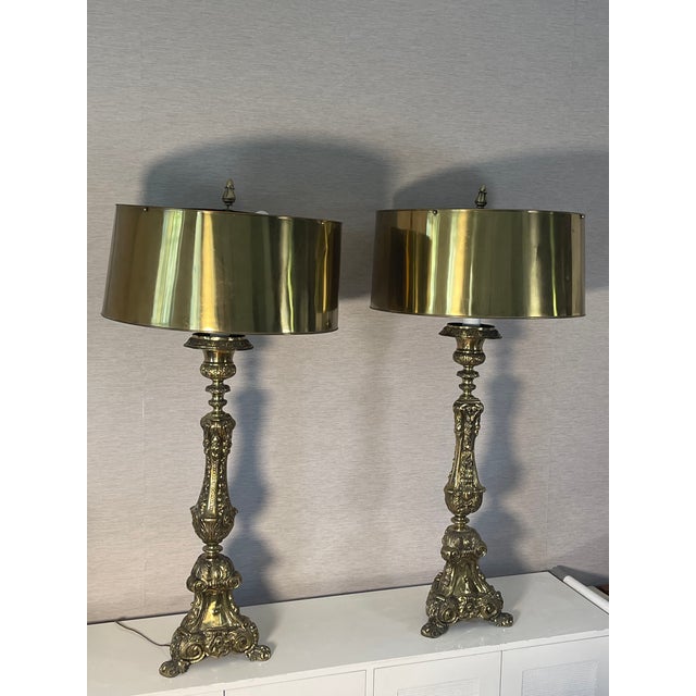 Antique Palatial Baroque Style Brass Lamps With Brass Shades - a Pair For Sale - Image 9 of 12