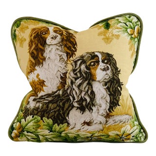 Designer Brunschwig & Fils Green Yellow "Man's Best Friend" Cavalier King Charles Spaniel Animal Dog 14" Pillow Cover For Sale