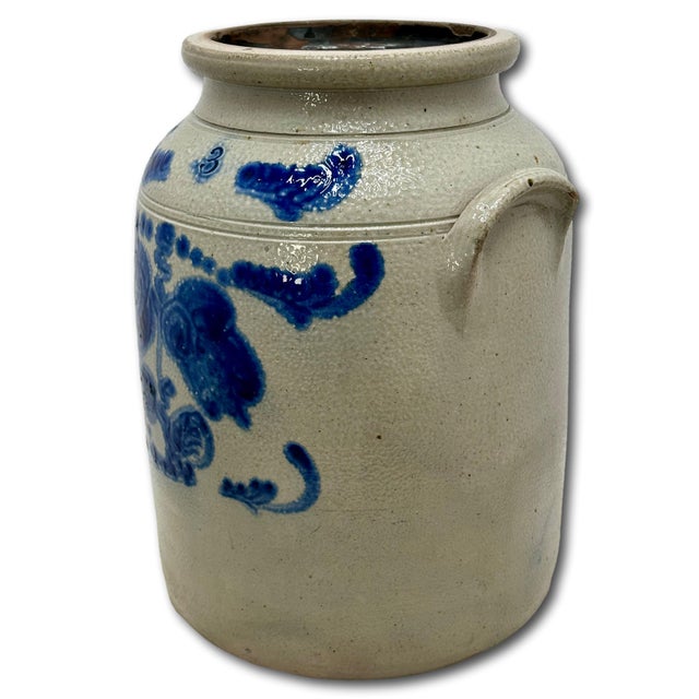 Ourtstanding Antique Large 3 Gallon Size American Blue Hand Decorated Stoneware Butter Churn - Circa 1870s For Sale - Image 9 of 18