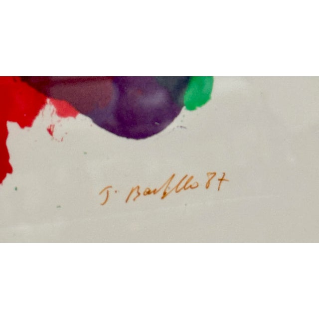 Vibrant original abstract painting on paper, signed J. Bartello ’87. Features expressive swaths of red, purple, and green...