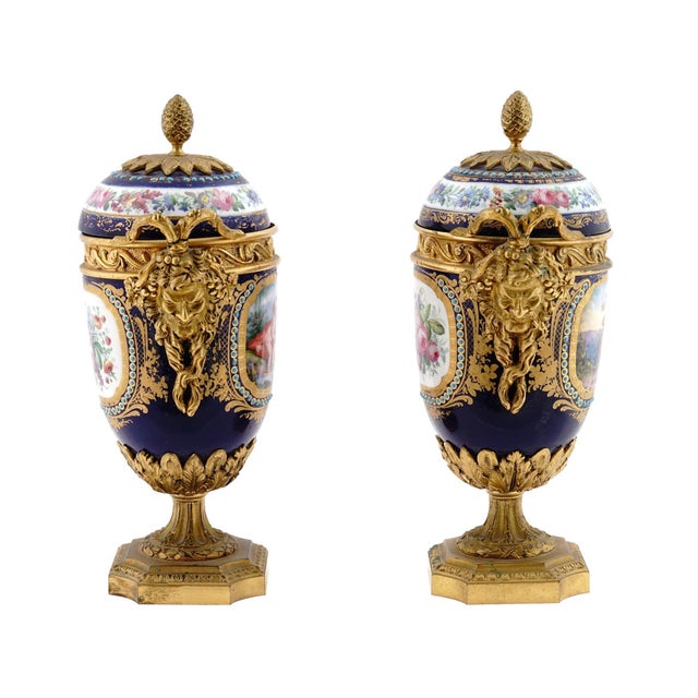 19th Century 1880s French Sevres Style Blue Ormolu Porcelain Urns-Pair For Sale - Image 5 of 13