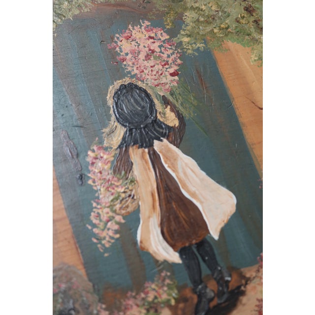 Vintage signed hand painted stool showing a child outside a cottage. Likely made by artist local to Montana. 5.6 lbs....