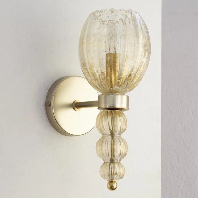 Mid-Century Modern Murano Glass Wall Lamps in Crystal Color and Gold Decorations, Blown Glass and Artistic Decorations, 1990s, Set of 2 For Sale - Image 3 of 12
