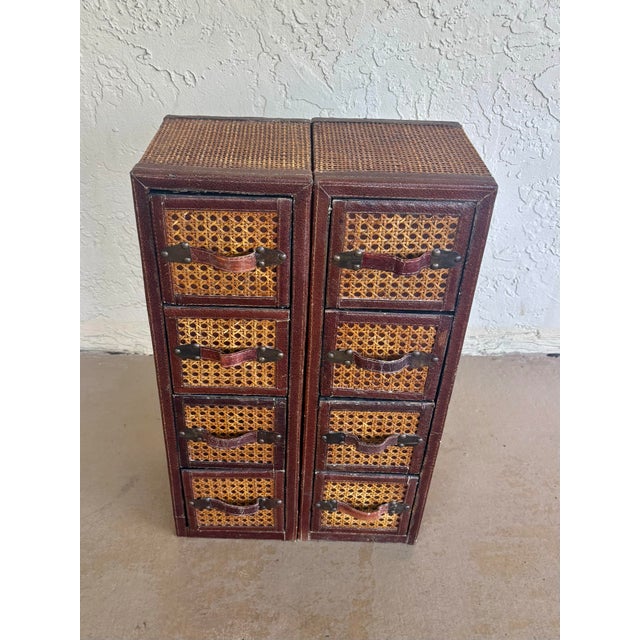 1980s Pair Vintage Leather & Cane Four Drawer Apothecary Chests, 1980s For Sale - Image 5 of 8