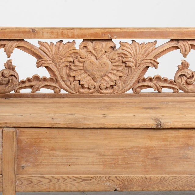Wood 1868 Swedish Carved Pine Storage Bench With Heart Detail For Sale - Image 7 of 15