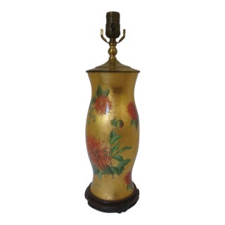 Mid 20th Century Reverse Decoupage Hurricane Glass Lamp Dahlia Flowers on Goldleaf For Sale