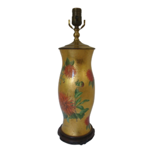 Mid 20th Century Reverse Decoupage Hurricane Glass Lamp Dahlia Flowers on Goldleaf