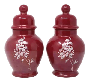 Vintage Cinnamon Glass Floral Ginger Jars - a Pair
