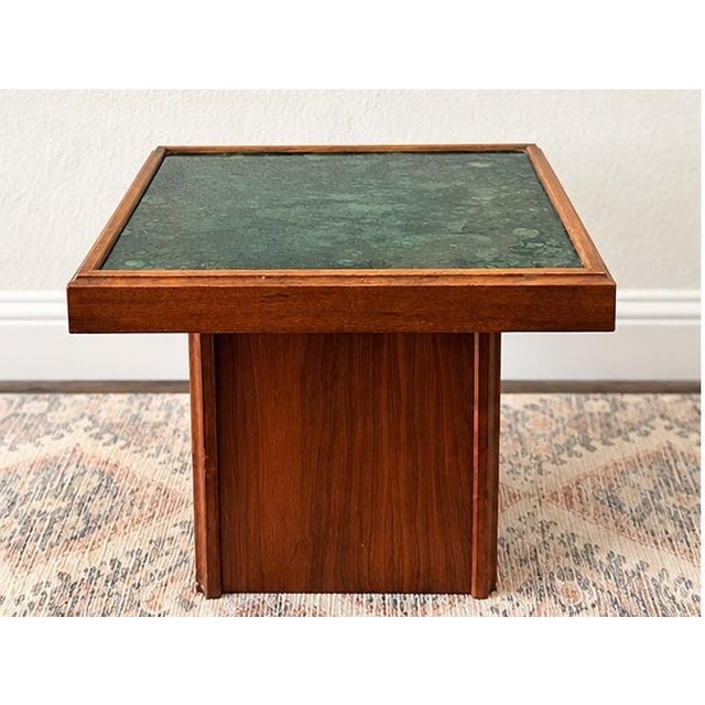 Striking vintage Brown-Saltman side table featuring a warm wood frame, architectural pedestal base, and dramatic deep...