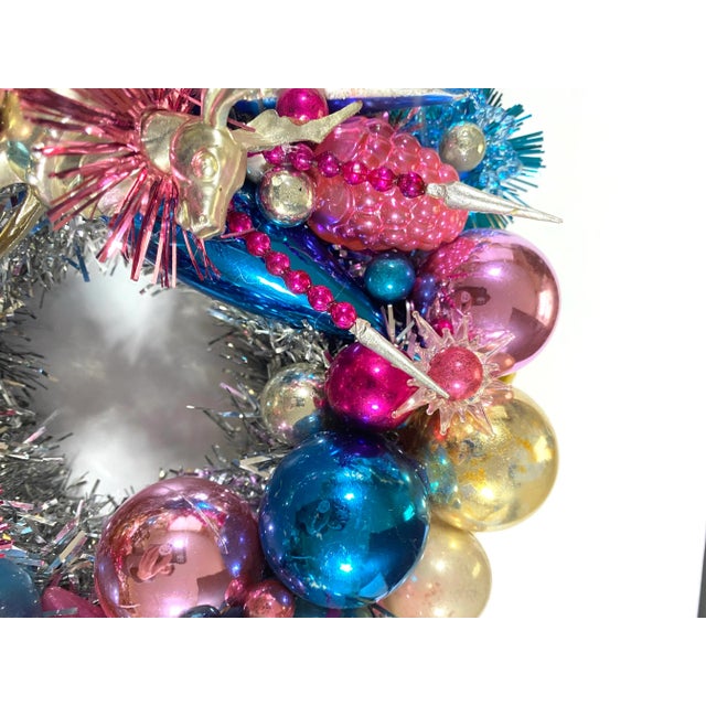 Glass Pair of Handmade Christmas Wreaths With Vintage Glass Ornaments & Reindeer For Sale - Image 7 of 12