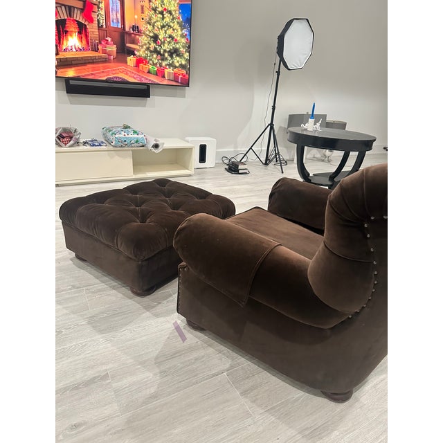 Ralph Lauren Wingback Club “Writer’s” Chair With Ottoman — Chocolate Brown Velvet For Sale - Image 10 of 12