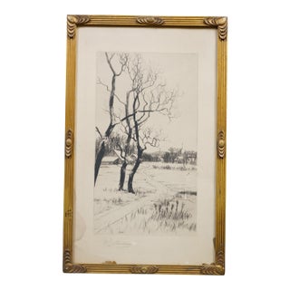 Antique Ernest C Rost Road to Village Church Winter Snow Landscape Etching 23" For Sale