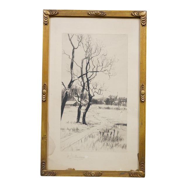 Antique Ernest C Rost Road to Village Church Winter Snow Landscape Etching 23" For Sale