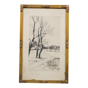 Antique Ernest C Rost Road to Village Church Winter Snow Landscape Etching 23"
