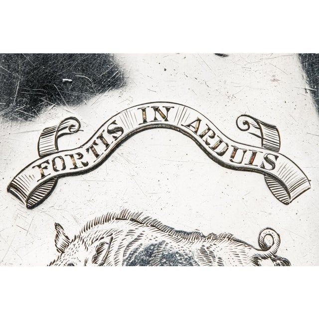 19th Century Large Antique Sterling Silver Armorial Coat of Arms Boar Latin Motto Crest Cigar Card Case Holder Wallet Tobacciana For Sale - Image 5 of 17
