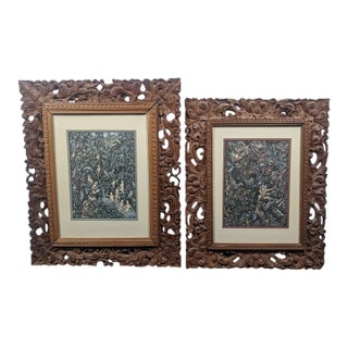 Late 20th Century Pair of Balinese Batuan-Style Narrative Paintings in Hand-Carved Wood Frames For Sale