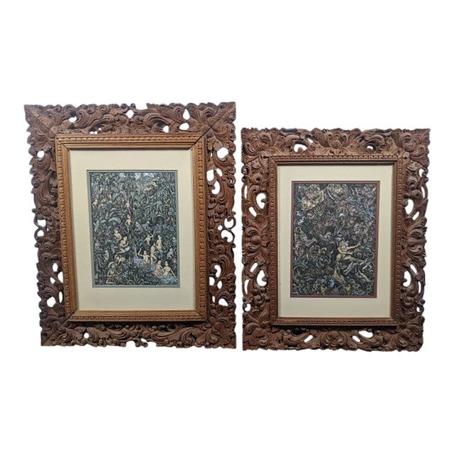 Late 20th Century Pair of Balinese Batuan-Style Narrative Paintings in Hand-Carved Wood Frames For Sale