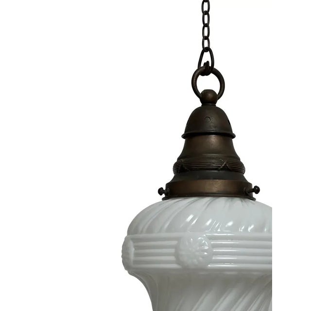 Vintage Edwardian Satin Church Opaline Milk White Glass Ceiling Pendant Lamp For Sale - Image 3 of 4