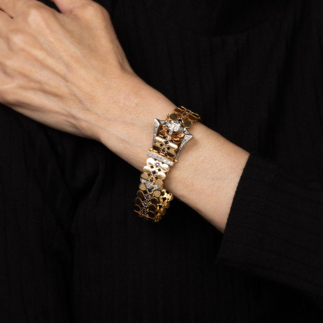 1940s 1940s Portuguese Retro Buckle Bracelet Sapphire 19k Rose Gold 7" Fine Jewelry For Sale - Image 5 of 5