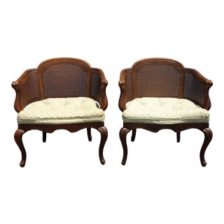 Vintage French Country Cane Back Club Accent Chairs Pair For Sale