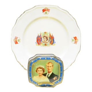 1950s British Coronation Commemorative Plate & Tin For Sale