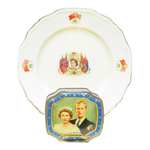 1950s British Coronation Commemorative Plate & Tin
