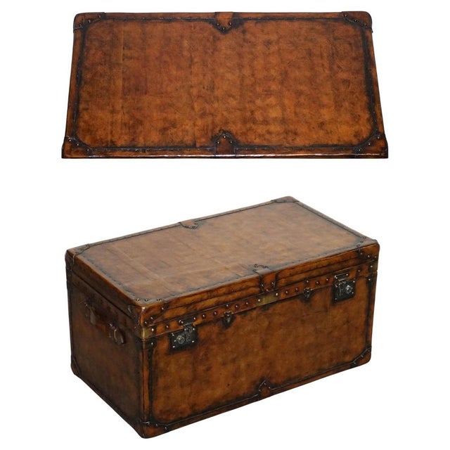 Vintage Hand-Dyed Brown Leather Lockable Storage Trunk For Sale - Image 16 of 16