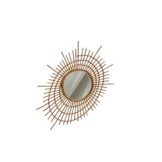 Louis Sognot Large Asymmetrical Bamboo Rattan Sunburst Mirror with Nails, 1960s For Sale - Image 4 of 9
