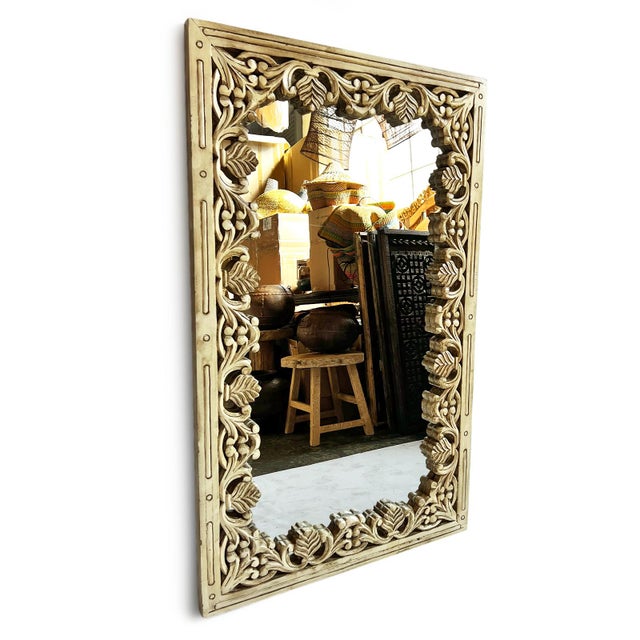 Boho Chic Vintage Cream Floral Wood Mirror For Sale - Image 3 of 5