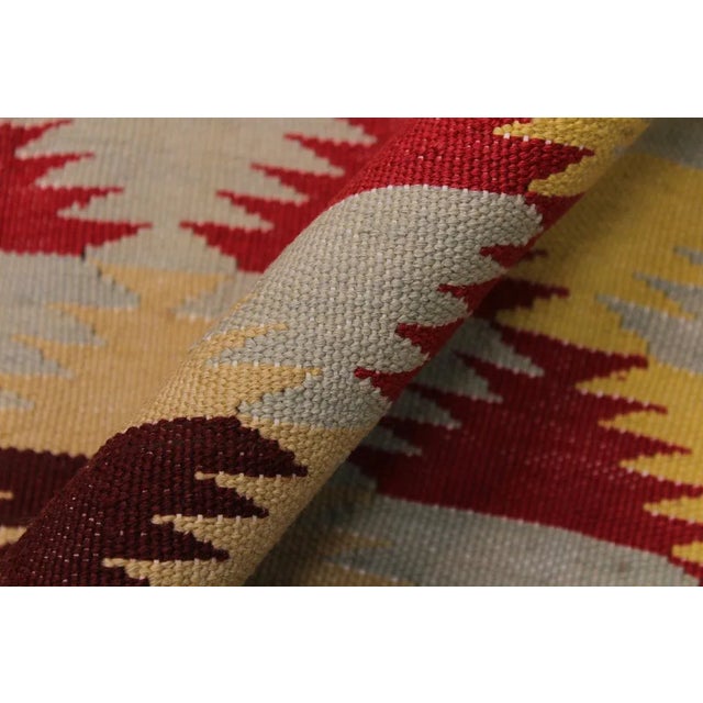 Geometric Kilim Red Hand-Woven Wool Rug -4′8″ × 6′4″ For Sale In New York - Image 6 of 8