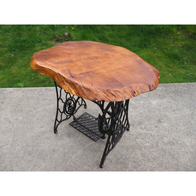 Wood Antique Live Edge Cedar Wood Slab Side Table on Cast Iron Singer Treadle Base ~ Rustic Industrial Handmade Design For Sale - Image 7 of 15