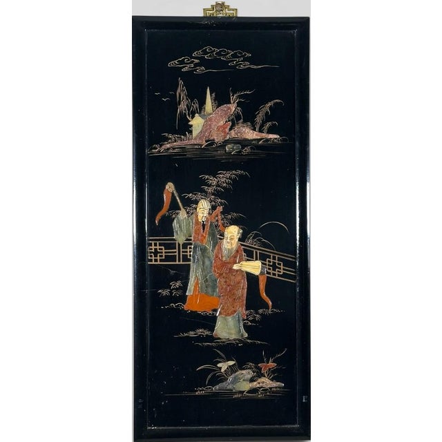Black Vintage Chinese Black Lacquer and Inlaid Soapstone Wall Panels Set of Four For Sale - Image 8 of 16
