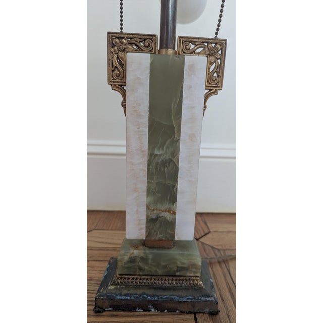 Antique Art Deco Lamp. Either white and ming green marble or possibly alabaster and green onyx. Holds two bulbs and works....