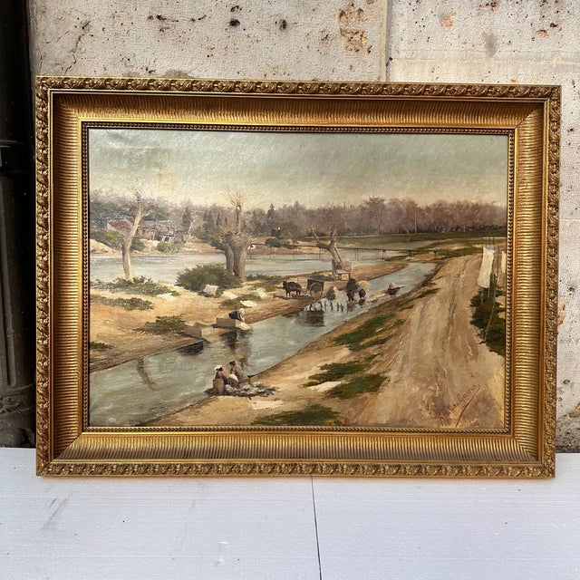 "Washerwomen of the Manzanares River," Madrid School, genre painting, early 20th century – Spain Technique: Oil on canvas...