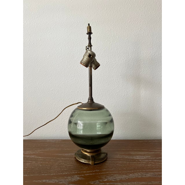 Petite 1930s Art Deco Smoke Blue-Green-Grey Art Glass Table Lamp With Patinated Metal Base For Sale - Image 9 of 11