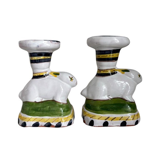 Farmhouse Vintage Portugal Deruta Style Hand Painted Rabbit Candlestick Holders For Sale - Image 3 of 9