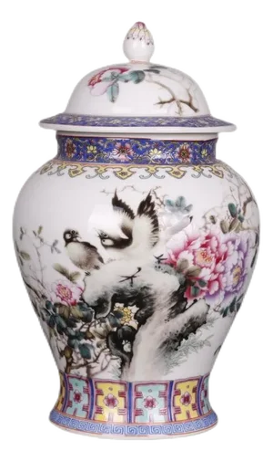 Antique Chinese Qing Dynasty Qianlong Marked Famille Rose Porcelain Ginger Jar with Hand Painted Flowers and Birds Pattern