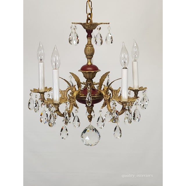 Antique 5 Arm Petite Oxblood Empire Brass Cut Lead Glass Crystal Chandelier For Sale - Image 17 of 18