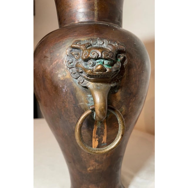 Metal Antique 19th Century Chinese Foo Lion Dog Handle Dovetailed Bronze Vase Urn For Sale - Image 7 of 15